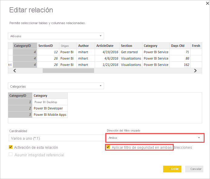 Screenshot of the Edit relationship dialog box with Cross filter direction set to both and the checkbox to Apply security filter in both directions selected.