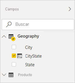 Screenshot of Power BI Desktop showing CityState checked in the Geography filter in the Fields view.