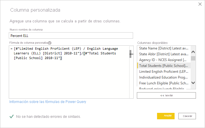 Screenshot of the Custom Column Dialog box showing an example formula.