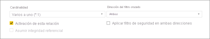 Captura de pantalla de la parte inferior del cuadro de diálogo Crear relación que muestra las opciones Cardinalidad y Dirección del filtro cruzado.