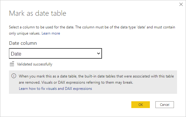 Captura de pantalla de Power BI Desktop que muestra el cuadro de diálogo Marcar como tabla de fechas con una nota importante