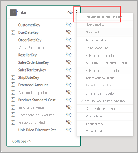 Screenshot of the Add related tables options after right clicking a table.