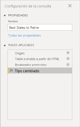 Captura de pantalla de Power BI Desktop que muestra Configuración de consulta en el panel de la derecha.