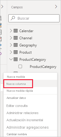 Captura de pantalla de Nueva columna en el menú desplegable