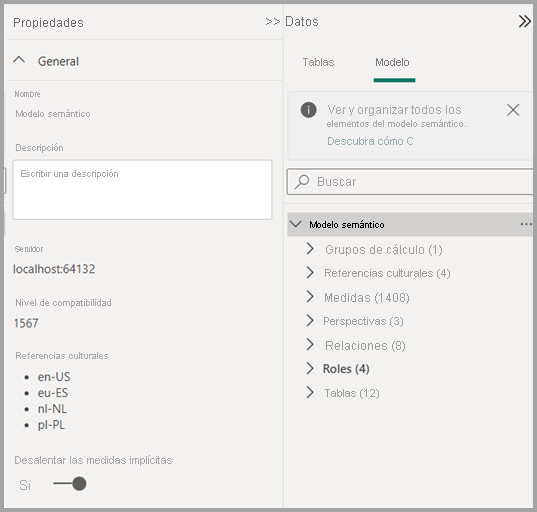 Captura de pantalla de la información del modelo semántico en el Explorador de modelos.