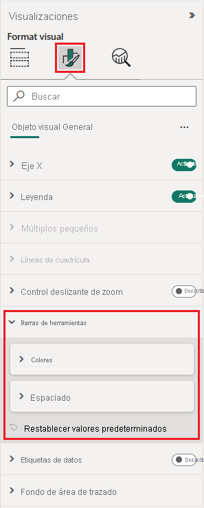 Captura de pantalla que muestra las opciones de formato para la visualización del gráfico de cintas.