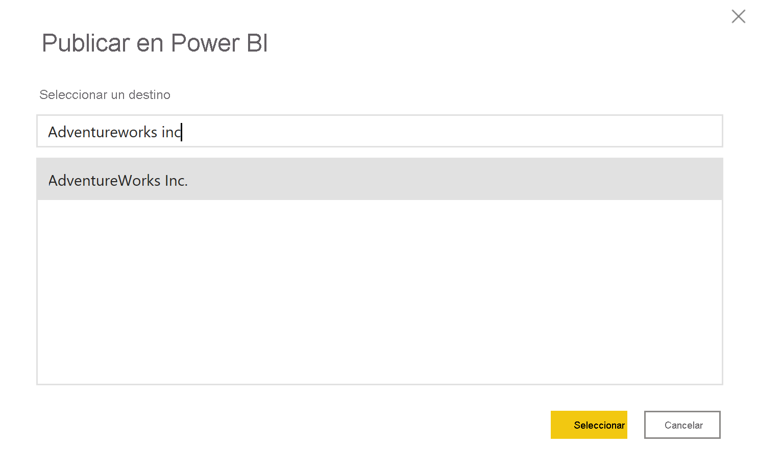 Captura de pantalla de la publicación del informe en el servicio Power BI.