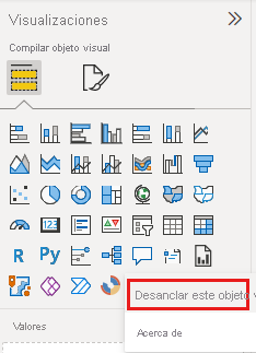 Captura de pantalla de la opción para desanclar una visualización del panel de visualización.