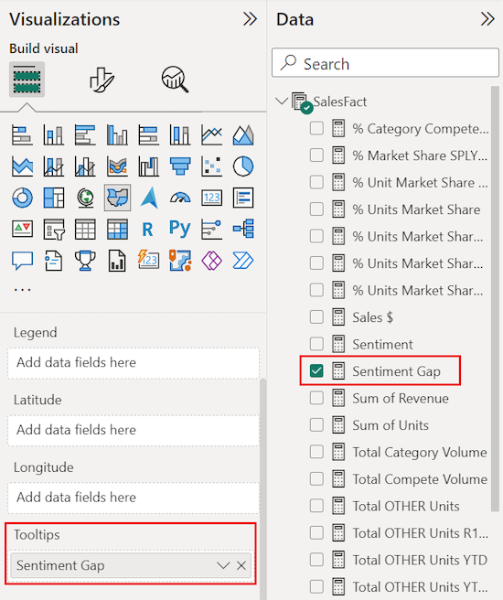 Captura de pantalla que muestra como agregar a un campo del panel de datos a la opción de información de herramientas en el panel de visualización.