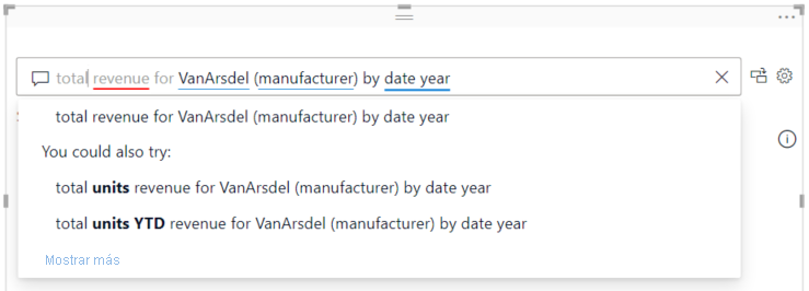 Captura de pantalla del campo de preguntas y respuestas con términos sugeridos del modelo semántico subrayado en azul y las preguntas sugeridas correspondientes de Power BI.