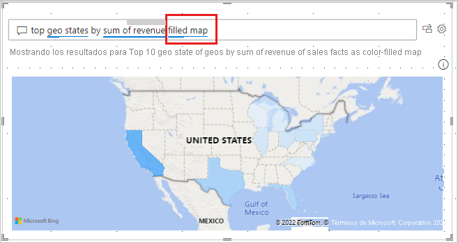 Captura de pantalla que muestra el objeto visual Q&A convertido en un mapa rellenado en el lienzo del informe.