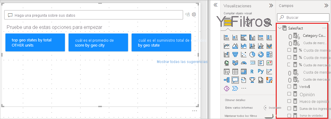 Captura de pantalla que muestra el lienzo del informe con todas las sugerencias visibles y algunos de los campos del panel Datos expandidos.