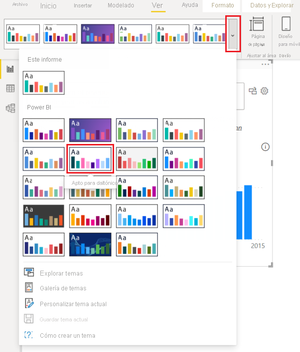 Captura de pantalla que muestra cómo seleccionar el menú desplegable Temas en Power BI Desktop.