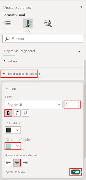 Captura de pantalla que muestra las opciones de encabezado de columna de tabla en la sección Formato del panel Visualizaciones.