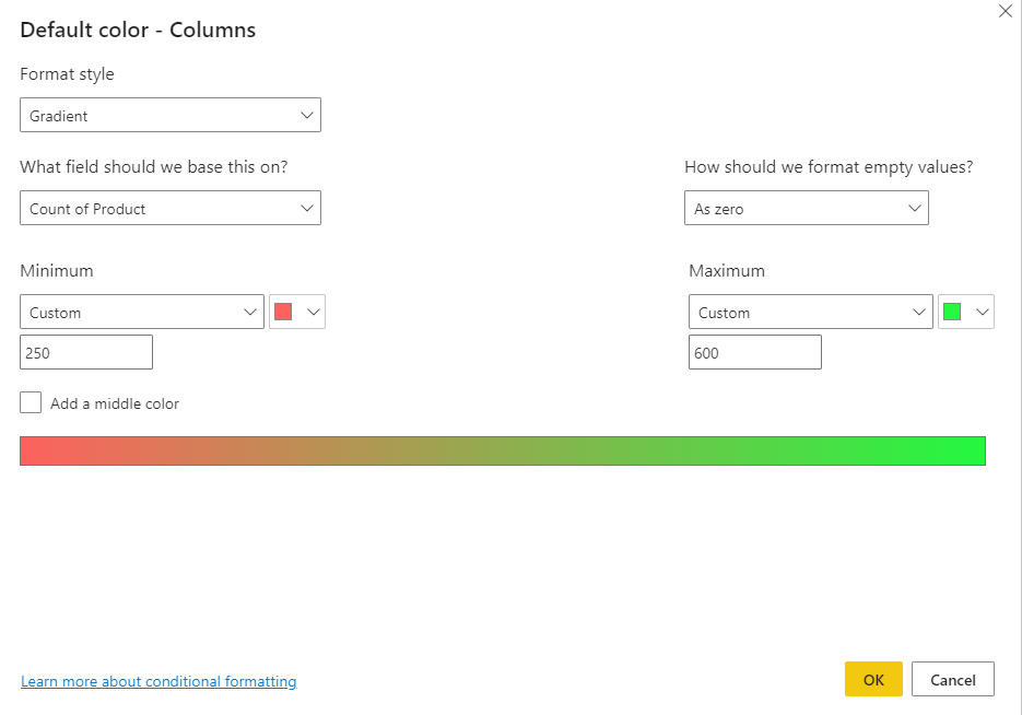 Captura de pantalla de las opciones Color predeterminado con los valores máximo y mínimo.