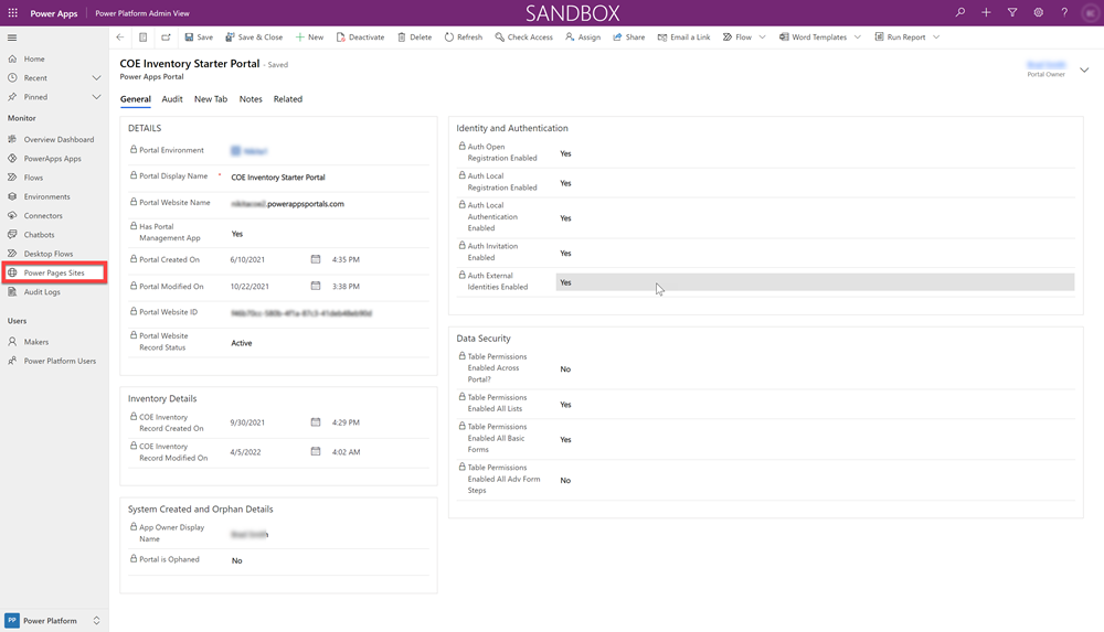 Registro de inventario de Power Pages de COE.