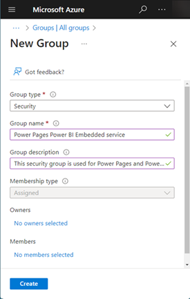 Creación del grupo de seguridad para el servicio Power BI Embedded.