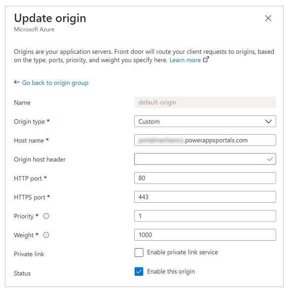 Configuración de origen.