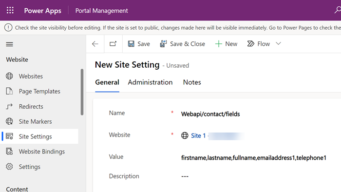 Habilite la configuración del sitio de los campos de tabla de contactos de la API web. 