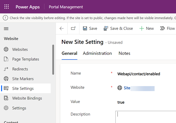 Habilite la tabla de contactos para la configuración del sitio de API web.