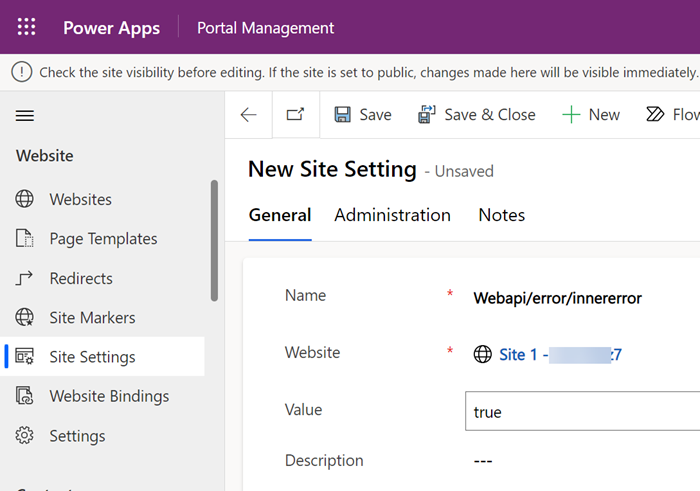 Habilite la configuración del sitio de error interno de la API web. 