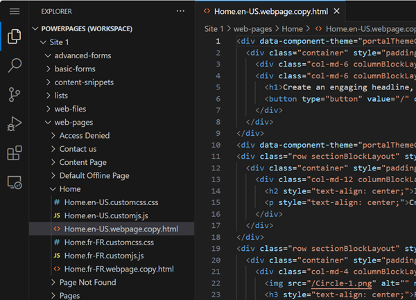 Menú Explorer para un espacio de trabajo sin título que muestra archivos web.