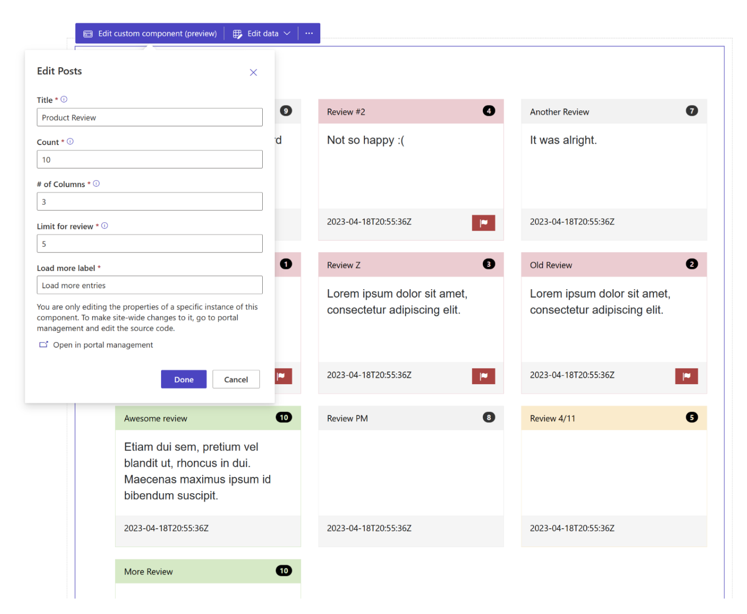 Componente de plantilla web como reseña de producto.