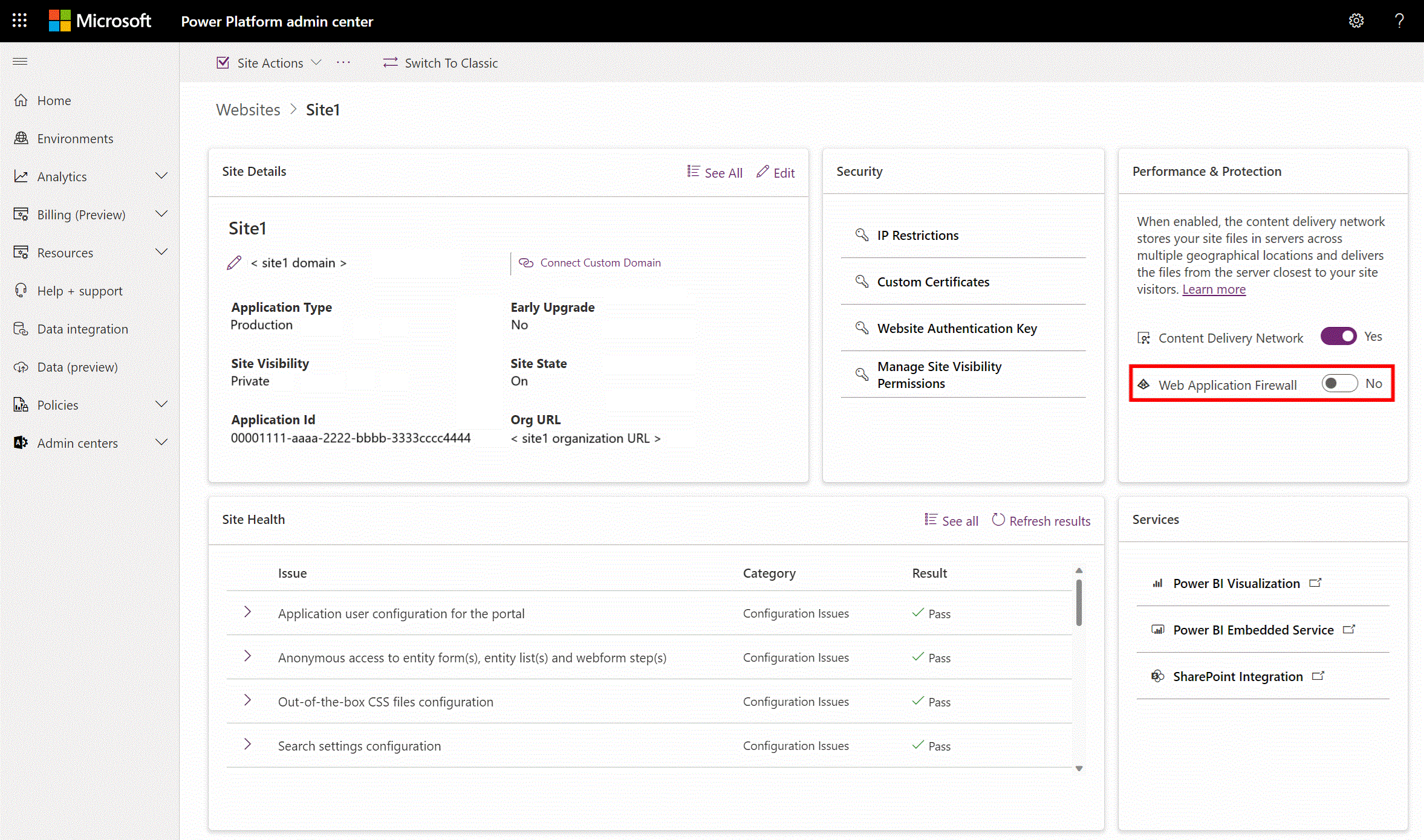 La opción Habilitar Web Application Firewall está deshabilitada dentro del estudio de diseño.