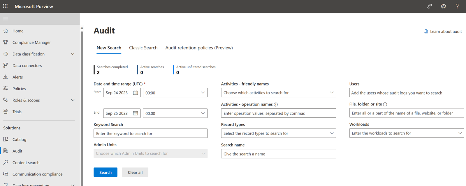 Página de auditoría de búsqueda de Microsoft Purview