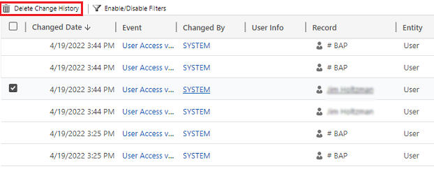 Seleccione Eliminar historial de cambios para eliminar todos los registros del registro seleccionado.