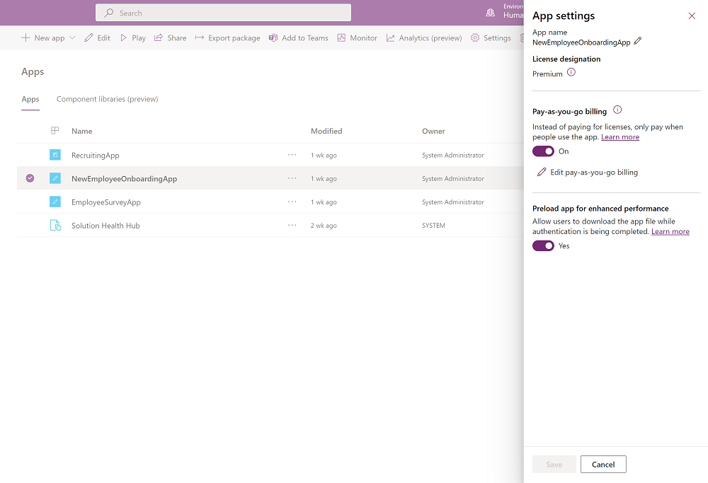 Página de configuración de la aplicación después de vincular la suscripción de Azure