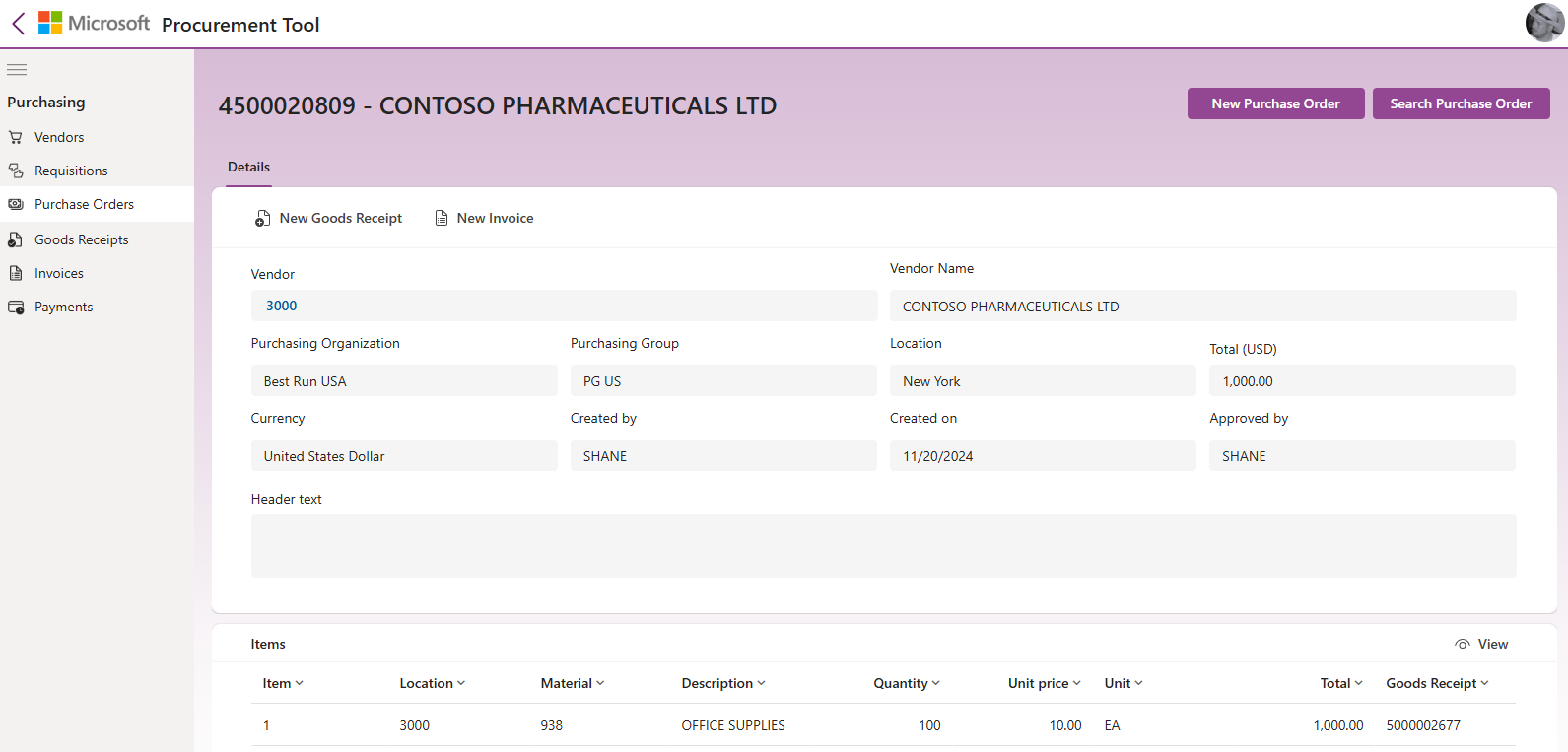 Captura de pantalla de la aplicación de orden de compra de SAP Procurement de Microsoft para Power Platform.