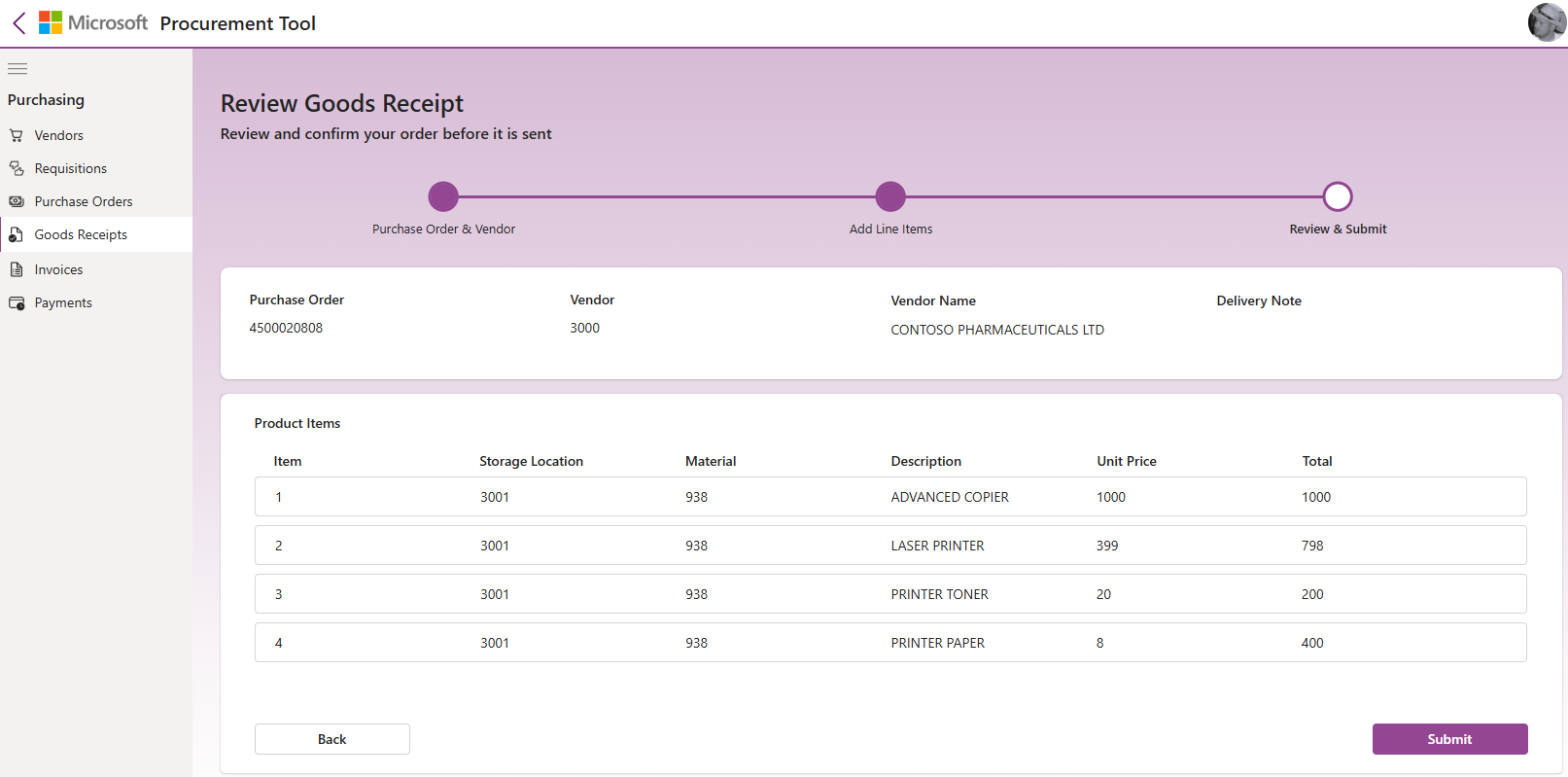 Imagen de la pantalla Revisar entrada de mercancías en la aplicación de pedidos de Microsoft SAP Procurement para Power Platform.