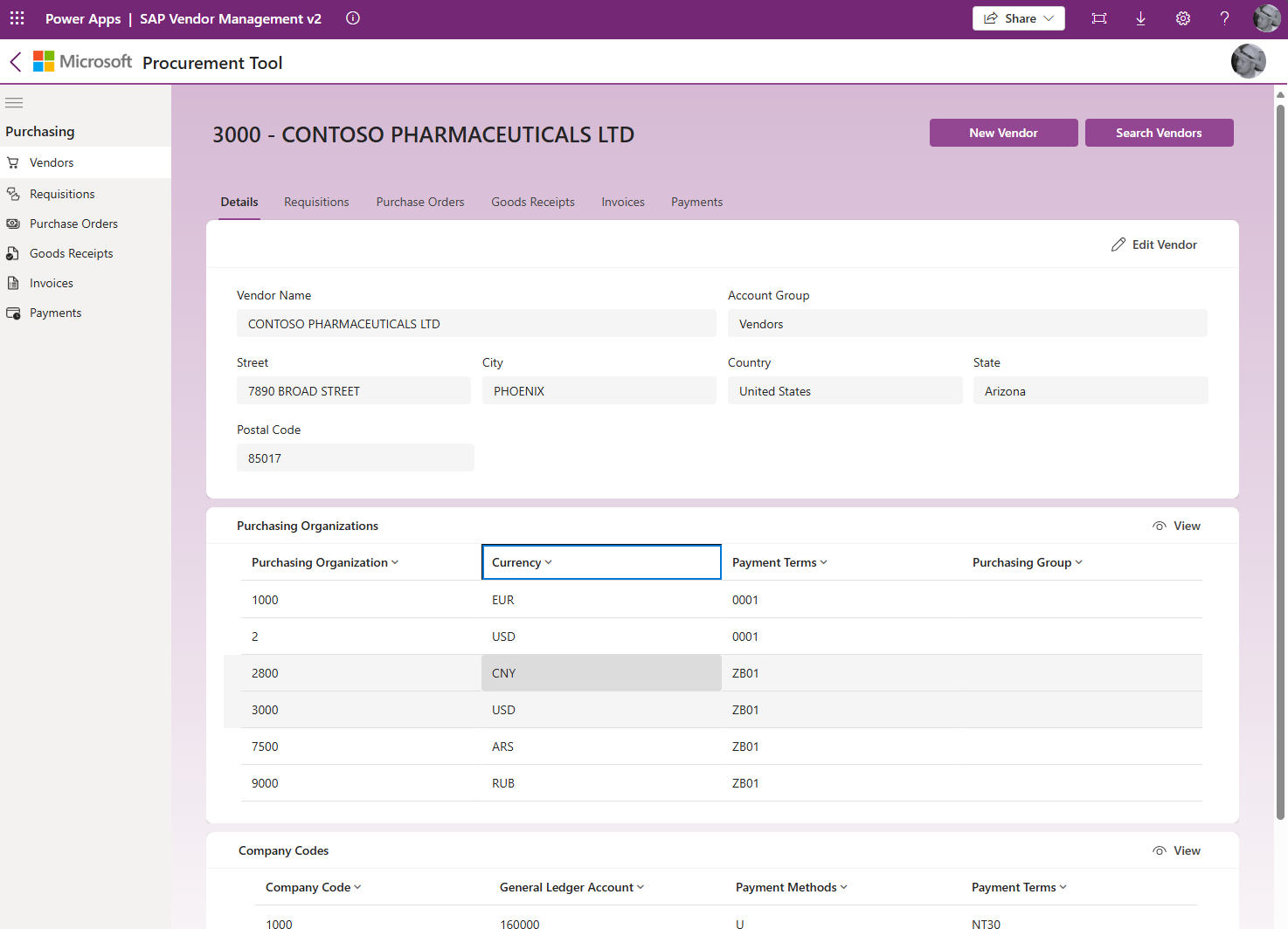 Imagen de la aplicación de proveedores SAP Procurement de Microsoft para Power Platform.