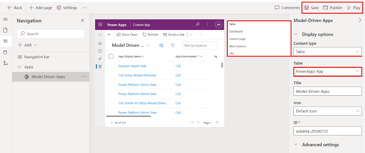 Configure qué tipo de contenido desea agregar a la aplicación, como tablas, paneles y enlaces.