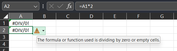 Una hoja de cálculo de Excel con A2=A1*2 y #DIV/0! se muestra en la celda