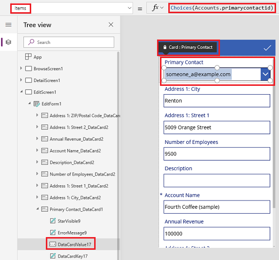 Una pantalla de lienzo con control de formularios. El control de cuadro combinado de la tarjeta Contacto principal está seleccionado y aparece la propiedad Items con la fórmula Choices(Accounts.'Primary Contact').