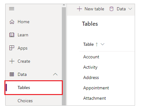 Abrir la lista de tablas.