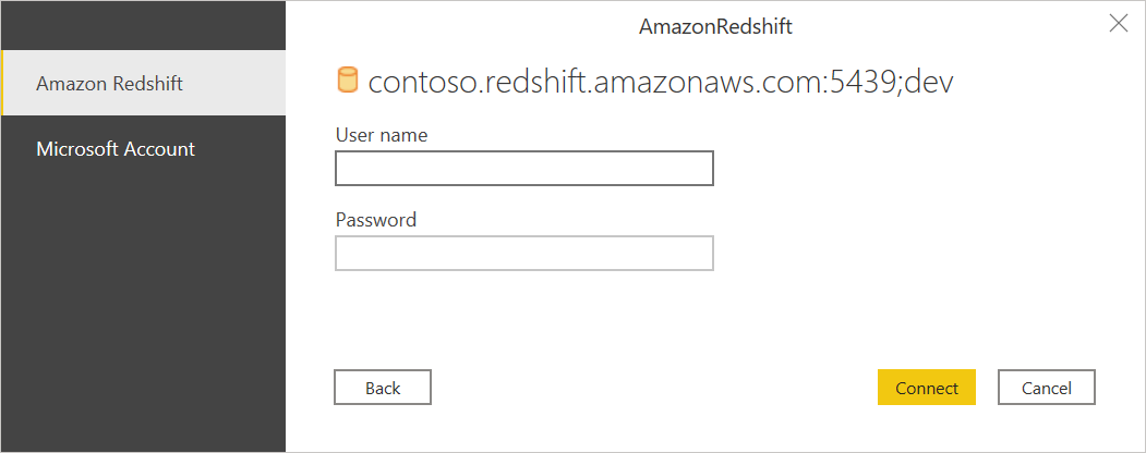 Imagen que muestra el cuadro de diálogo de autenticación, con Amazon Redshift seleccionado como tipo de autenticación.