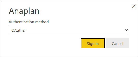 Cuadro de diálogo Método de autenticación de Anaplan con un menú desplegable y el botón Iniciar sesión.