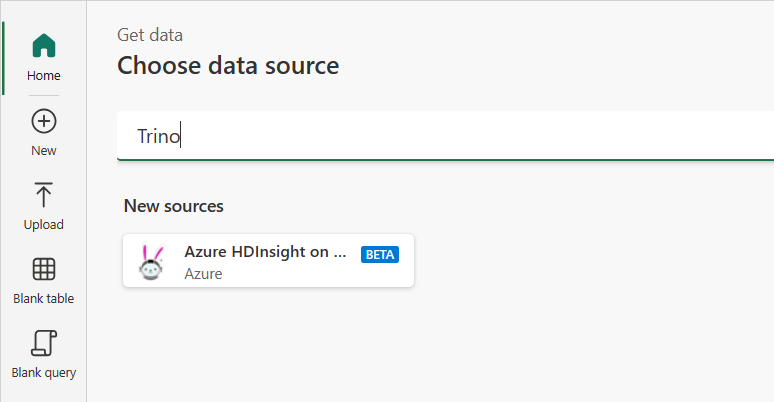 Captura de pantalla del cuadro de diálogo Elegir origen de datos con una búsqueda de Trino y el conector de Azure HDInsight en AKS Trino mostrado.