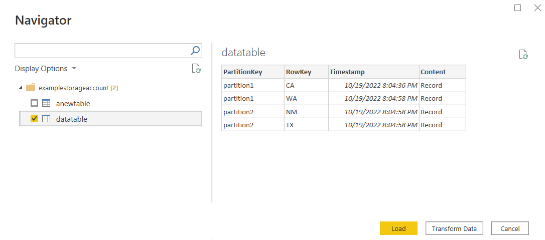 Captura de pantalla del navegador de Azure Table Storage en la que se muestra una de las dos tablas seleccionadas.