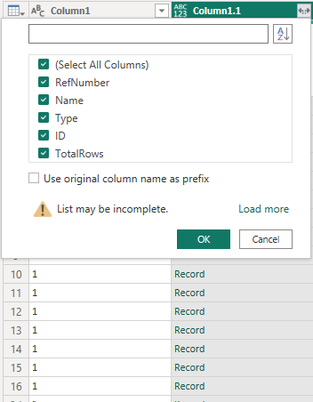 Captura de pantalla que muestra la columna Column1.1 de datos expandida.