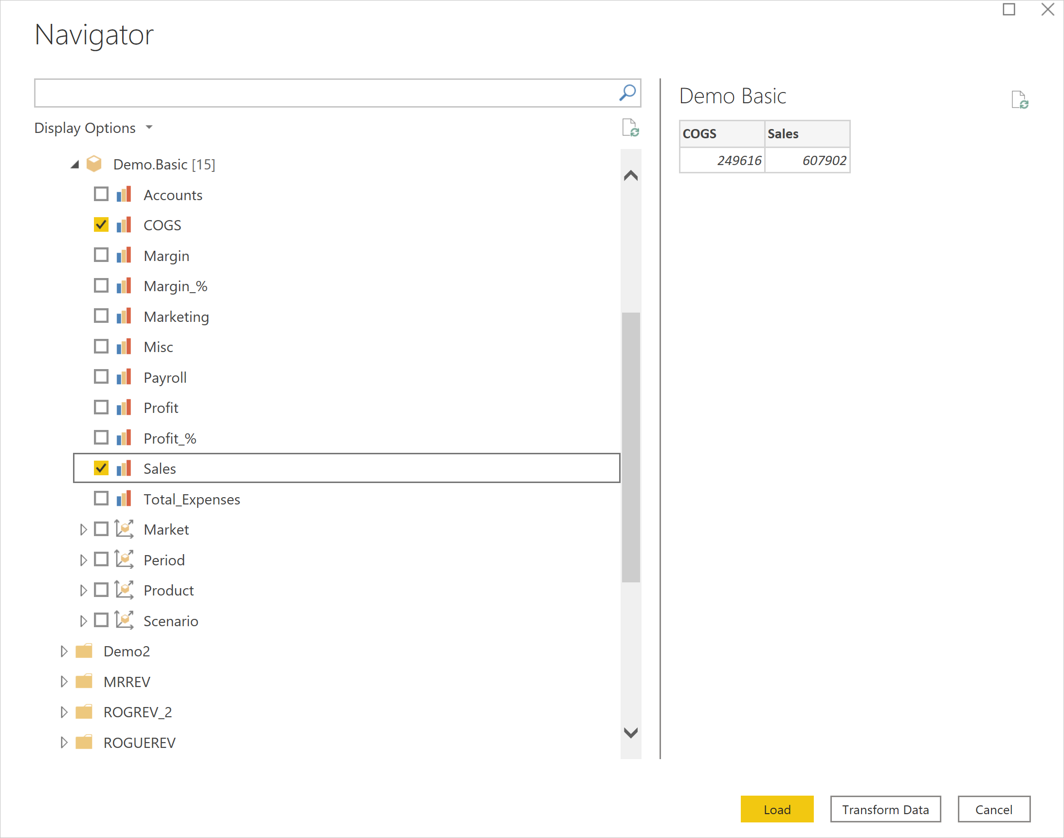 Navegador de datos de importación de Essbase.