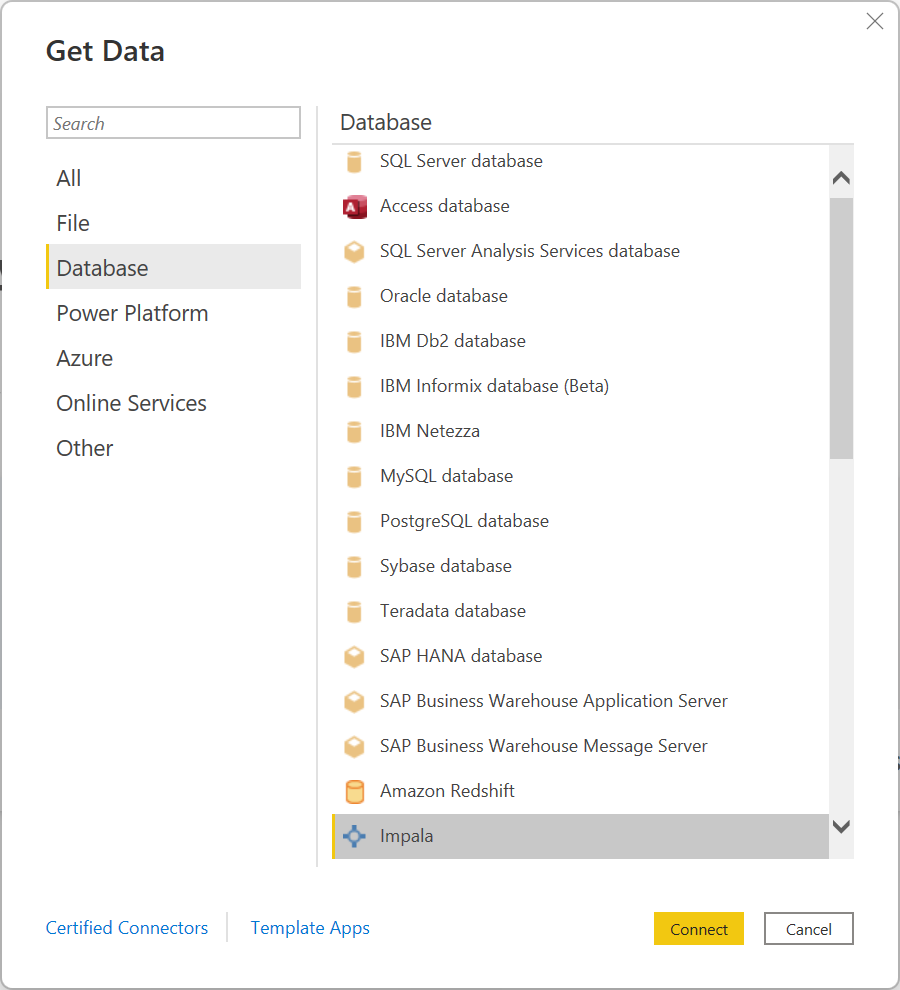 Imagen del cuadro de diálogo Obtener datos con la categoría Base de datos y el conector impala seleccionados.