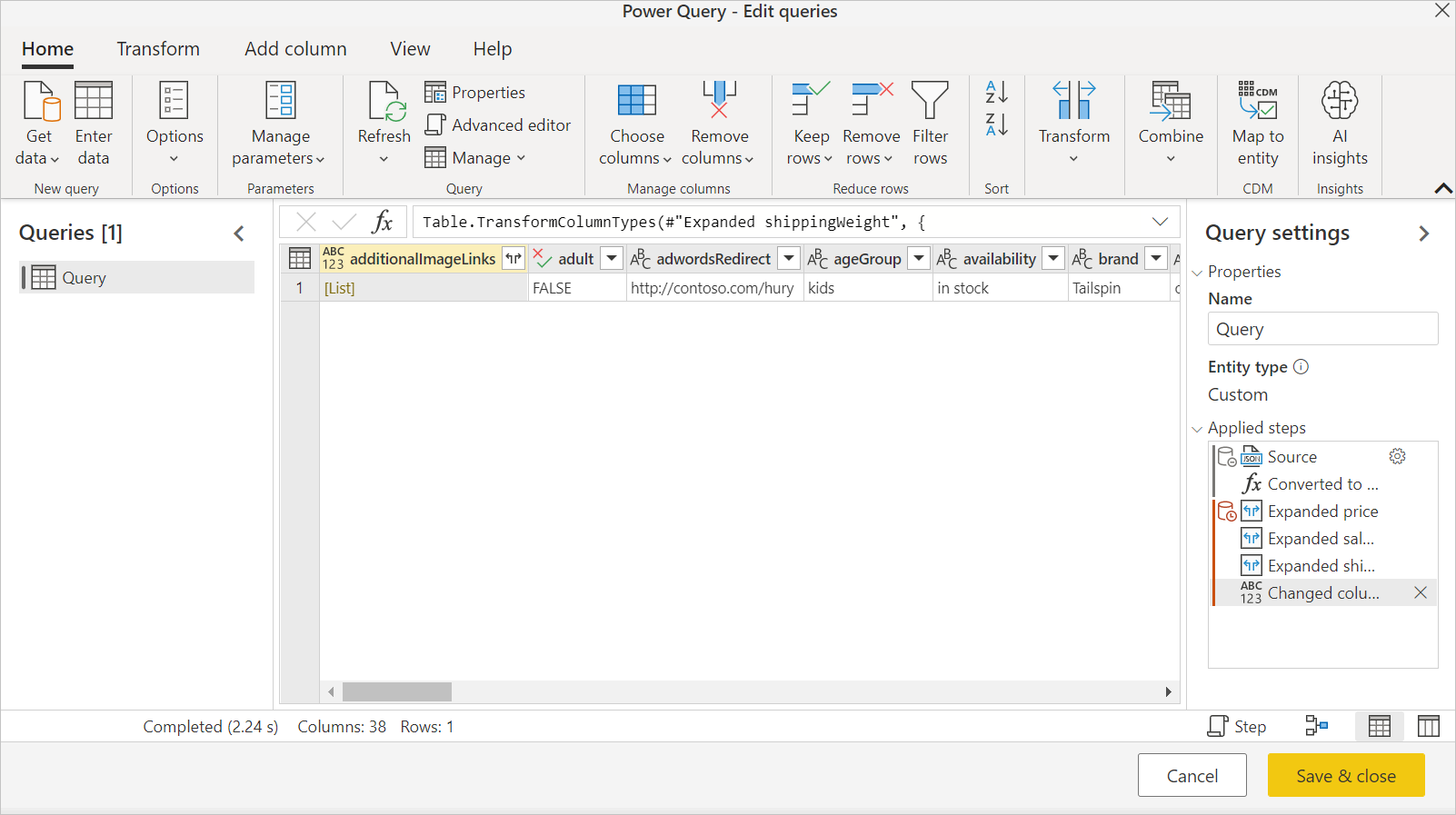 Imagen del editor de Power Query en línea con los datos JSON acoplados en una tabla.