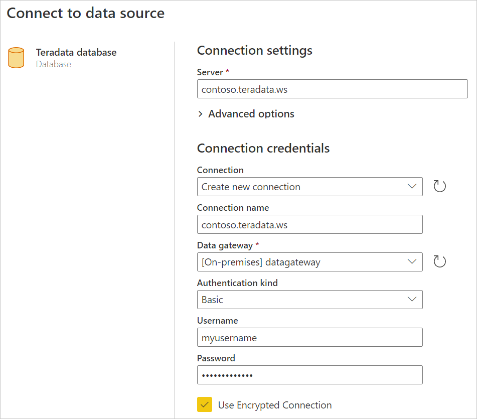 Escriba la conexión en línea de la base de datos de Teradata.