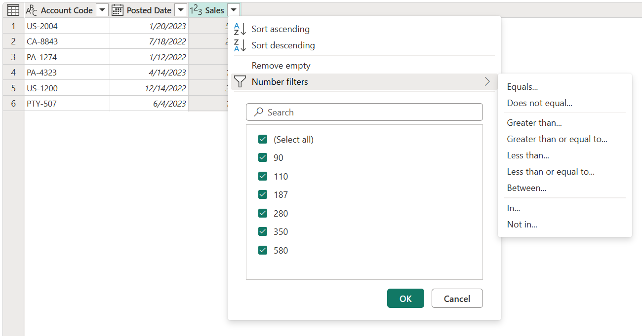 Captura de pantalla de los elementos de menú que contienen comandos y filtros específicos para columnas que contienen el tipo de datos numéricos.