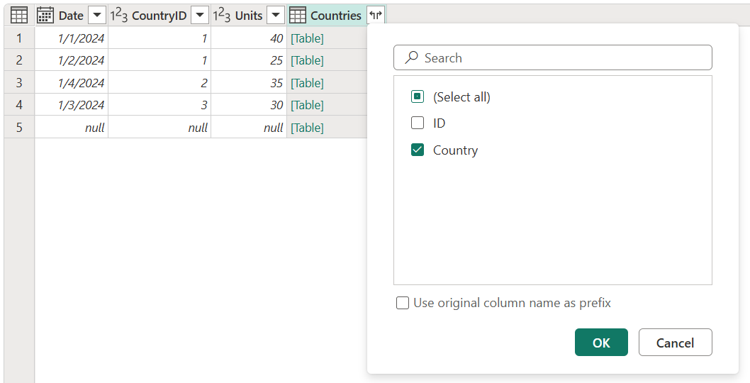 Captura de pantalla de las opciones de Expandir tabla con la columna de País seleccionada.