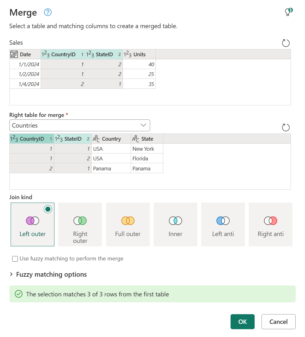 Cuadro de diálogo Combinar con la configuración de las tablas izquierda y derecha.